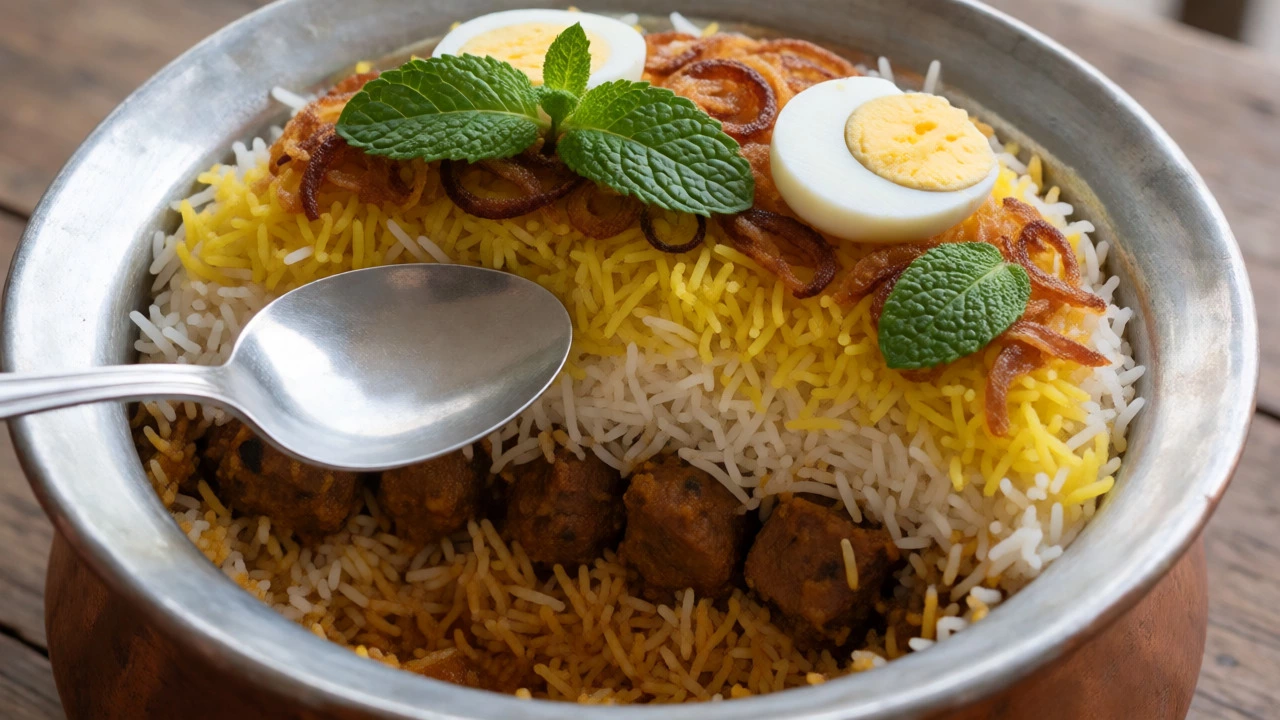 Layered Lucknowi biryani in a copper pot with a spoon ready to scoop from the side.