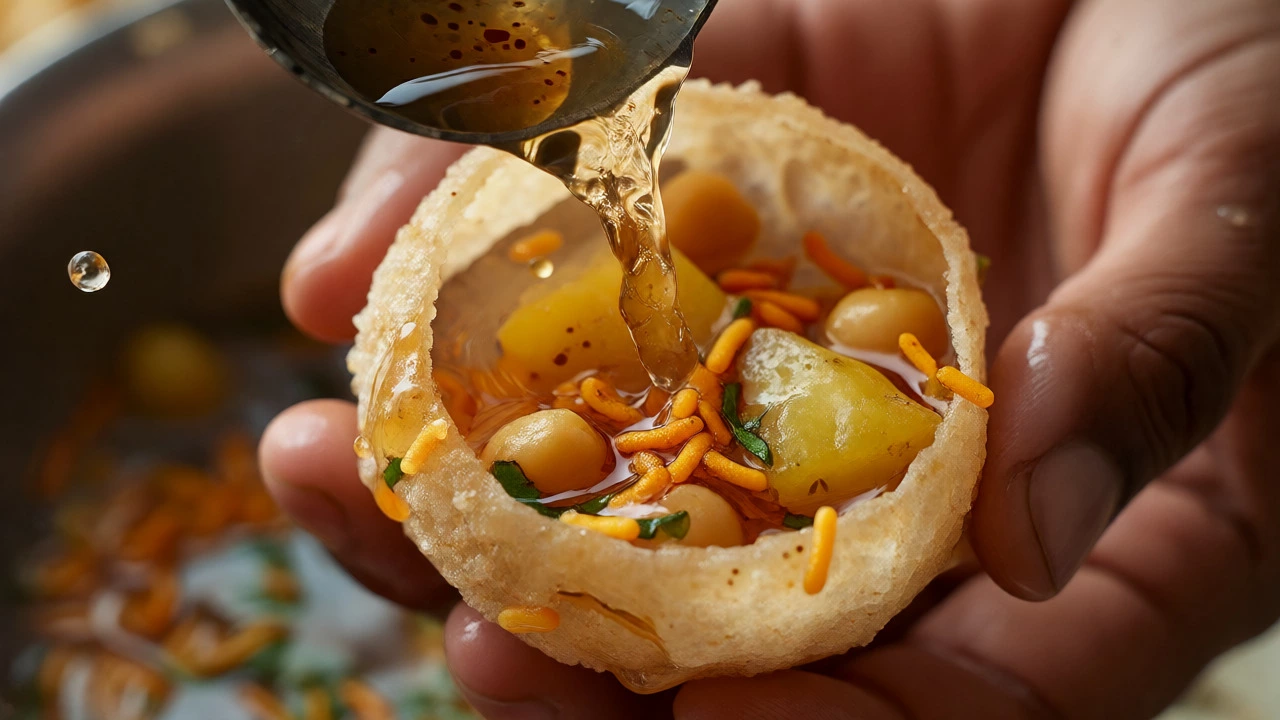 Macro shot of a vendor pouring spiced tamarind water into a crispy Pani Puri shell filled with vegetables.