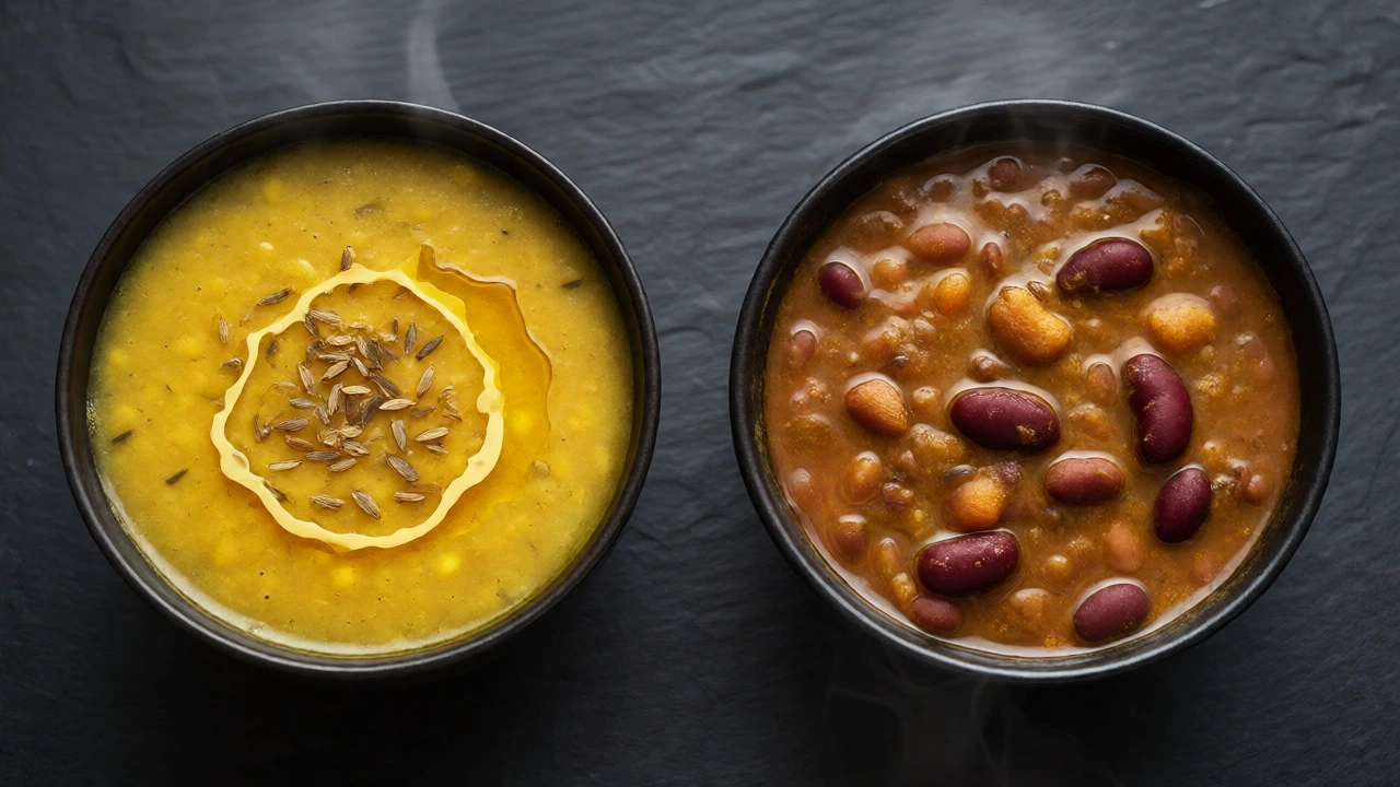 Side-by-side comparison of light yellow moong dal soup and heavy kidney bean curry on a dark surface.
