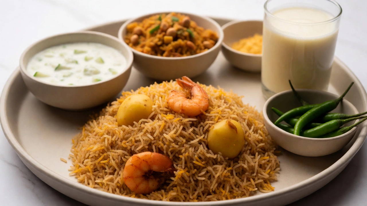 Sindhi biryani served with raita, salan, and lassi on a traditional thali.