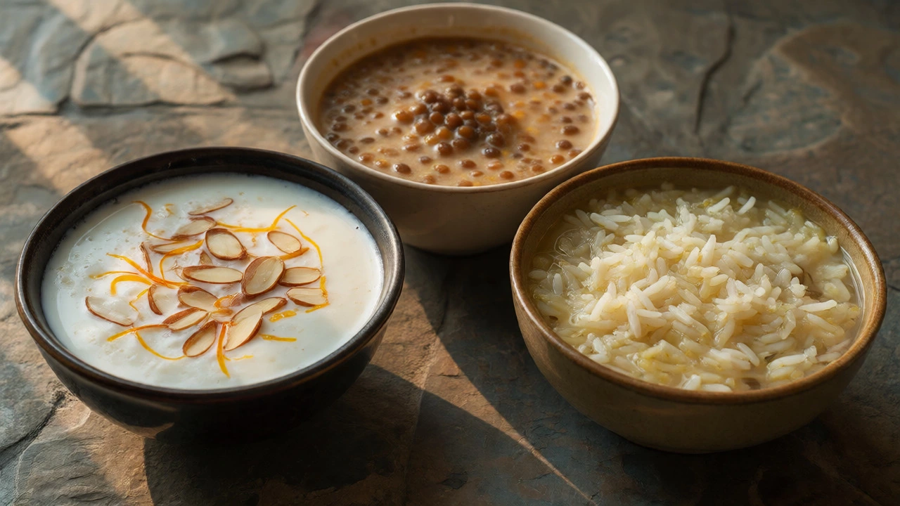 Three regional variations of Payasam and Kheer in bowls on stone surface