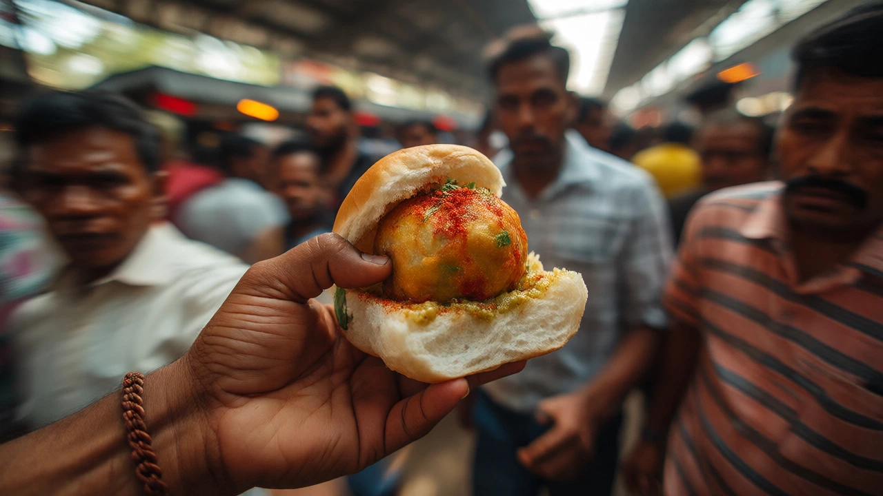 Vendor handing a spicy Vada Pav sandwich to a commuter amidst a blurry Mumbai train station crowd.