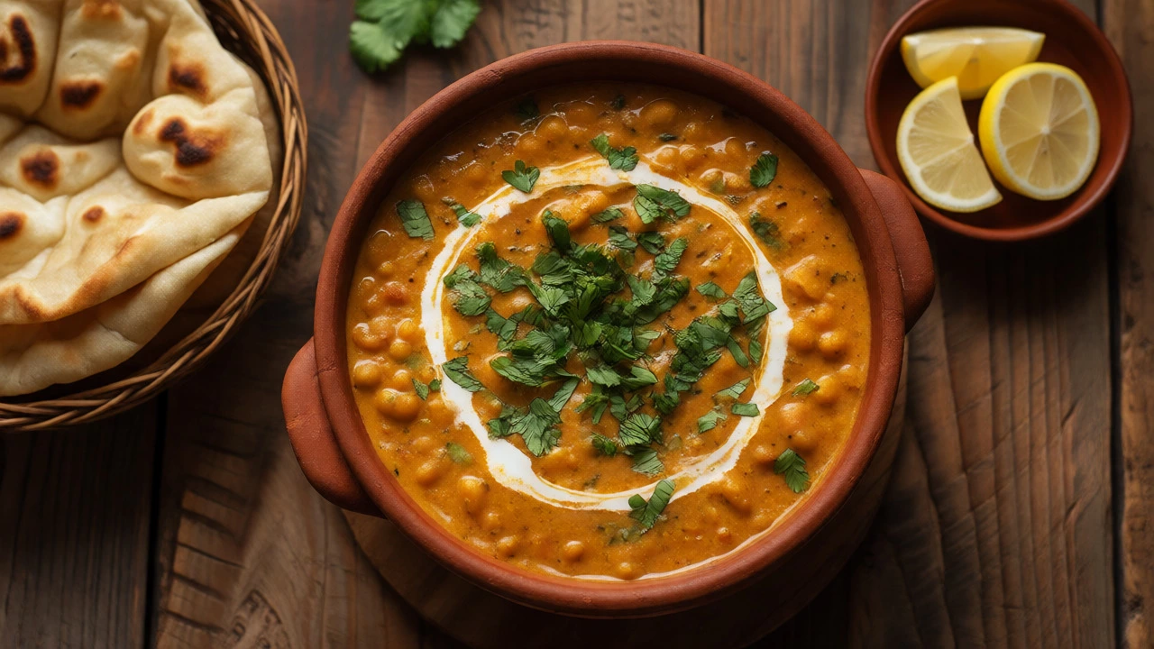 Bowl of creamy red lentil dal garnished with cilantro and cream