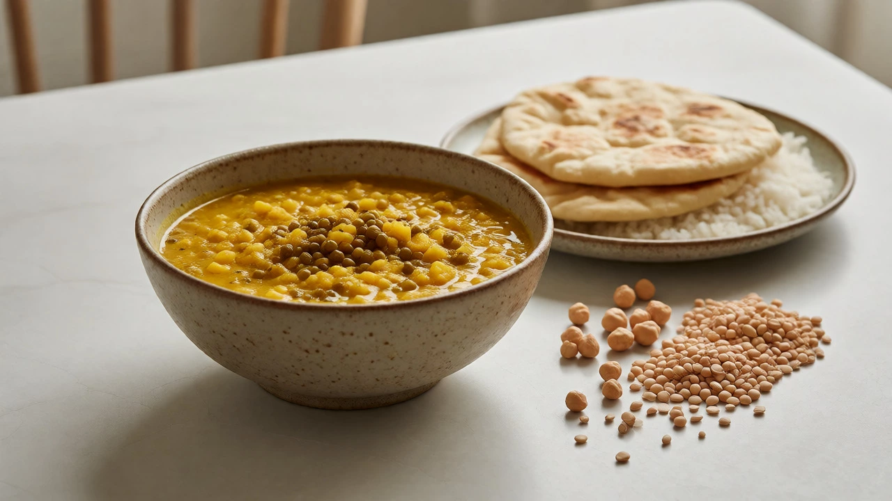 Bowl of yellow dal served with naan and rice alongside raw pulses