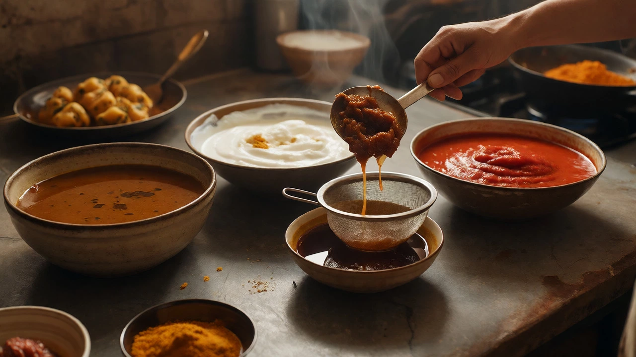 Bowls of stock, yogurt, and tomato puree alongside tamarind extraction