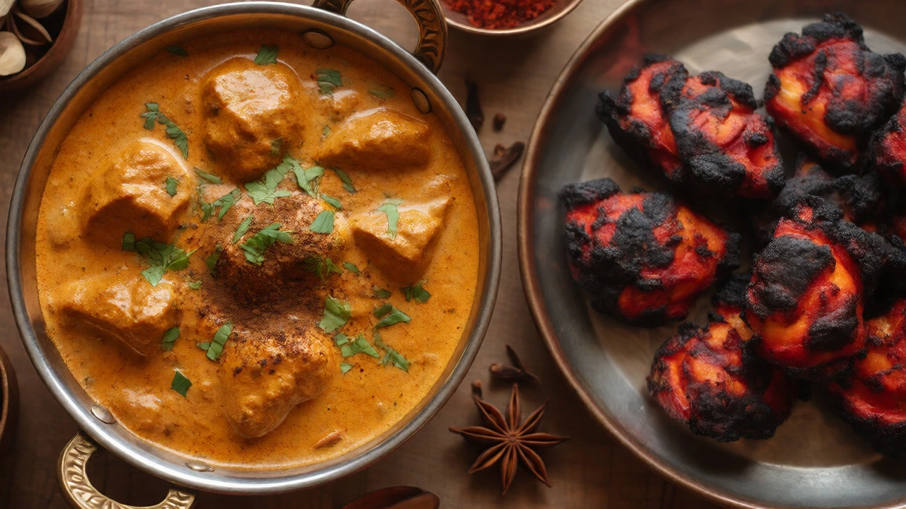 Butter chicken with garam masala garnish beside charred chicken tikka
