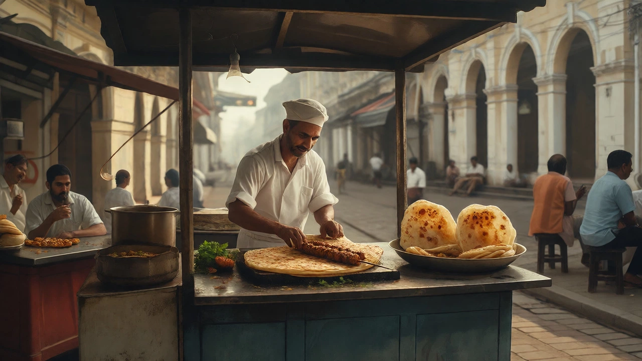 Chef wrapping a Kathi Roll in Kolkata street setting