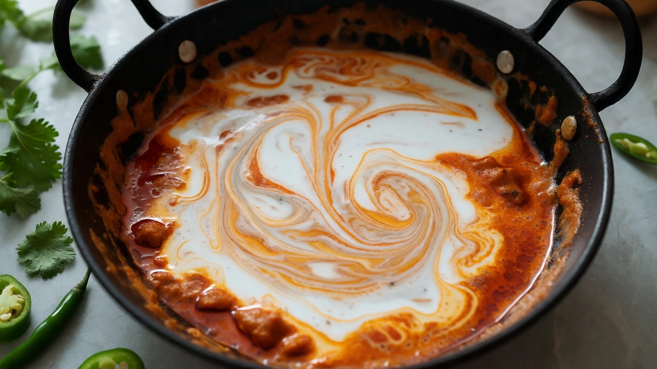 Coconut milk swirling into red masala paste in a black pan
