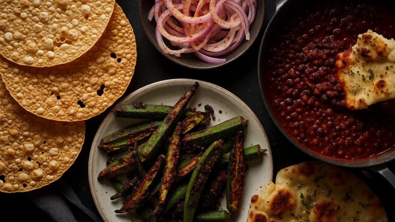 Crunchy sides like papadum and fried okra served alongside rich Dal Makhani.