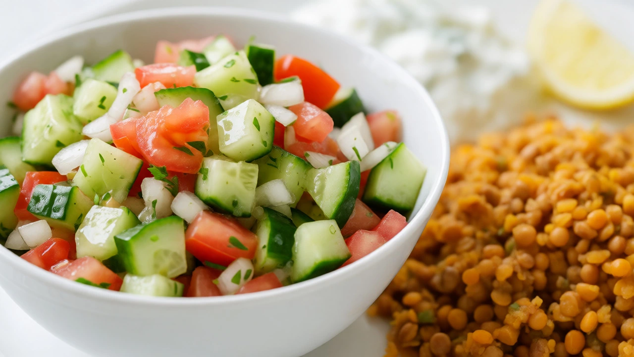 Fresh Kachumber salad with cucumber and tomato paired with red lentil dal.