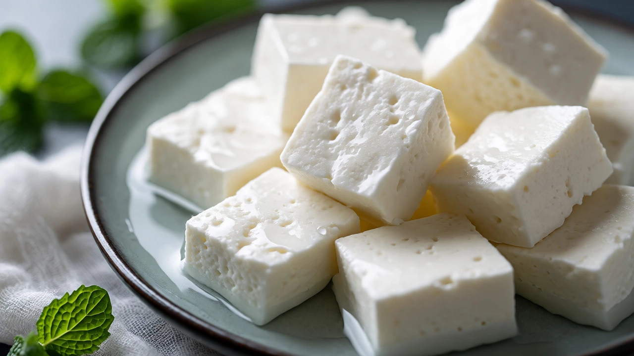 Fresh, soft paneer cubes soaking in cold water to maintain moisture.