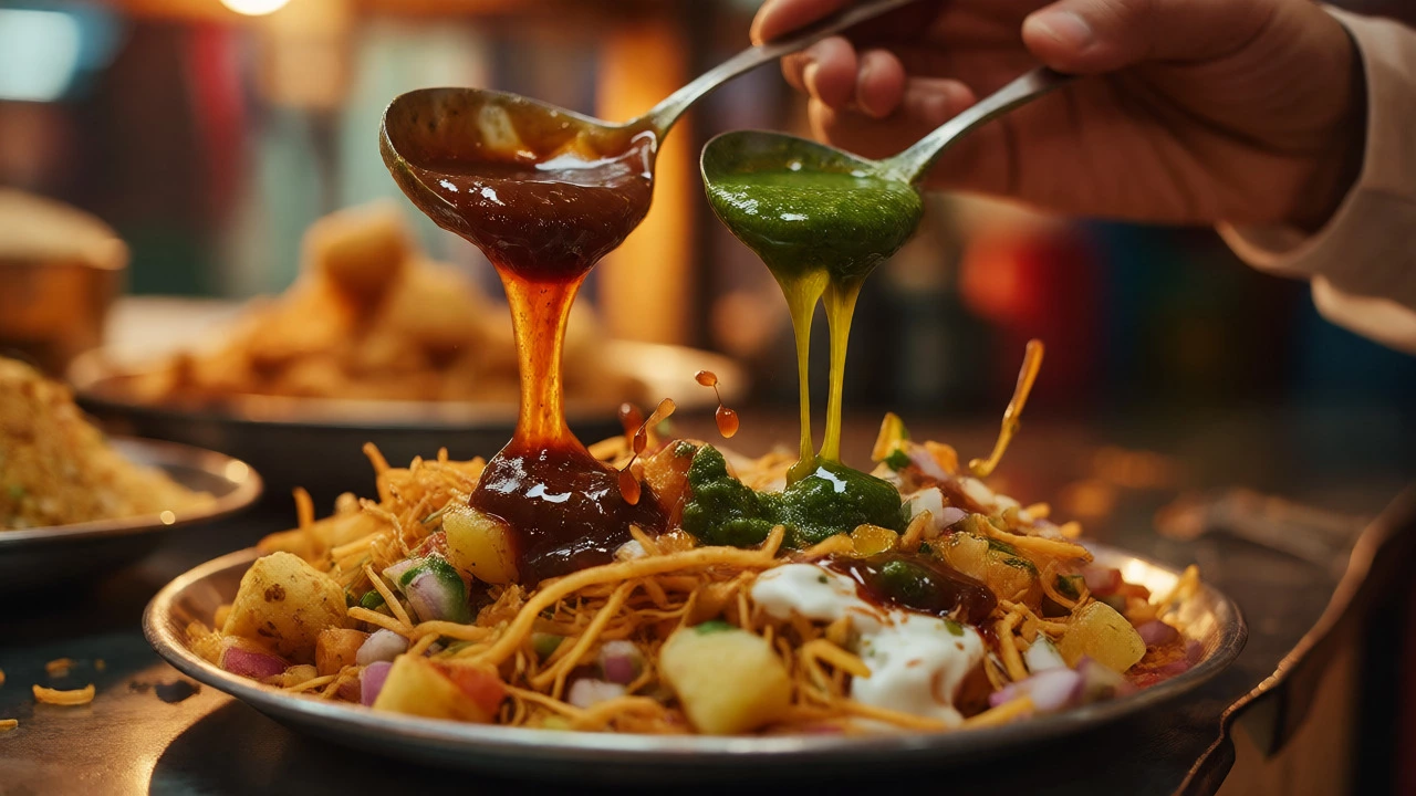 Hand drizzling tamarind and mint chutneys over a plate of crunchy Indian street chaat.