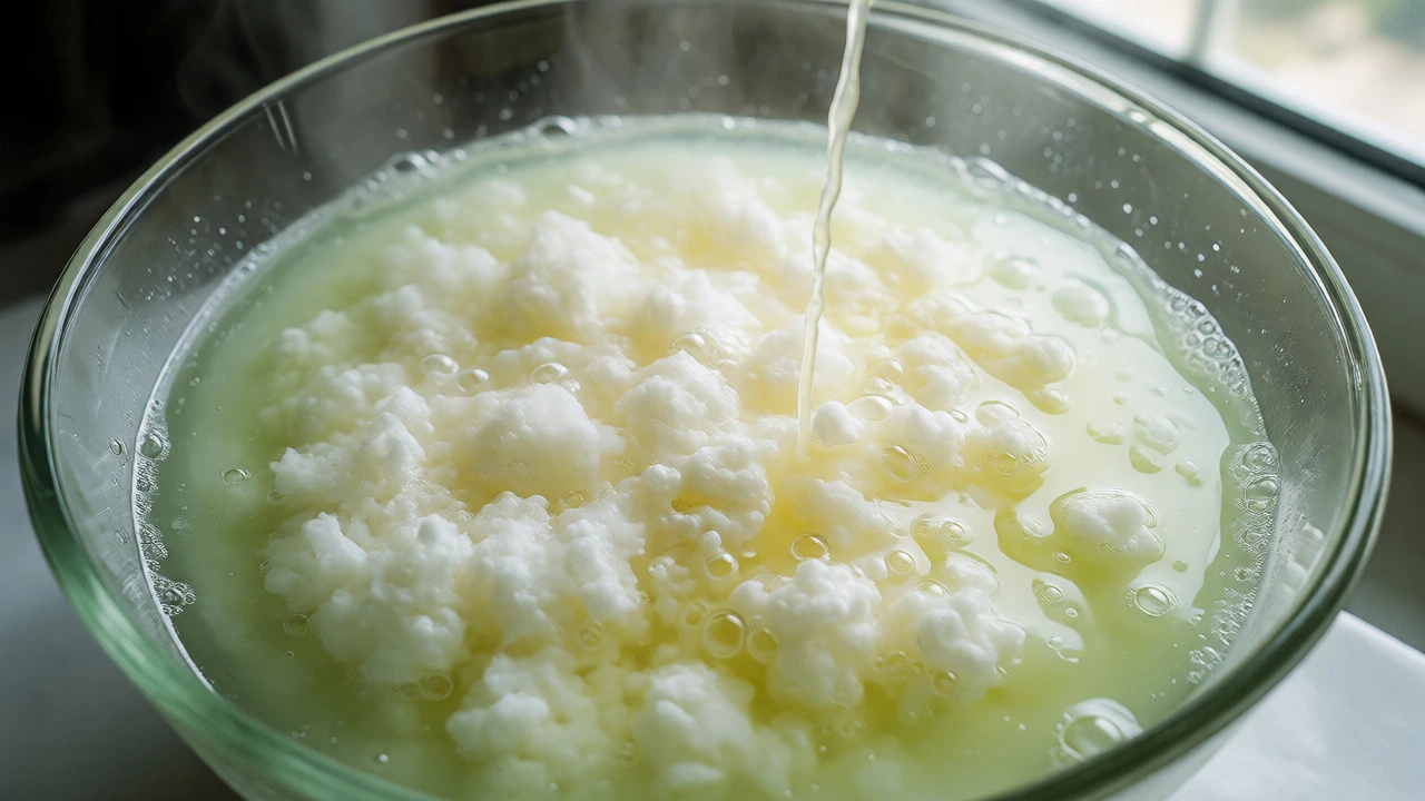 Lemon juice curdling boiling milk to form soft white cheese curds.