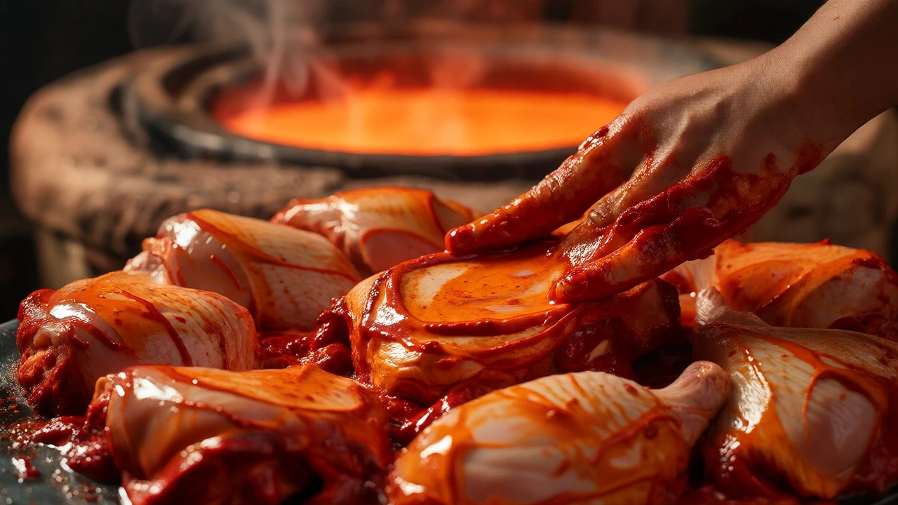Raw chicken being coated in vibrant orange tandoori marinade