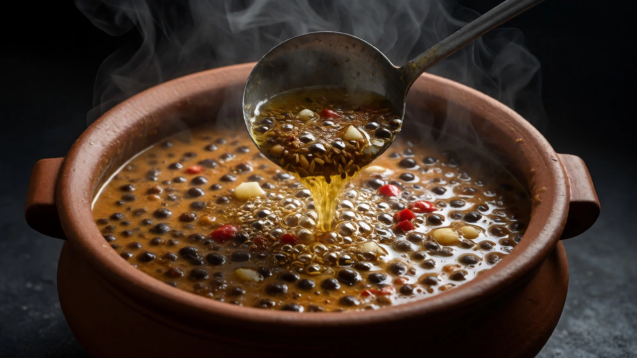Sizzling tadka being poured over creamy Dal Makhani in a clay pot