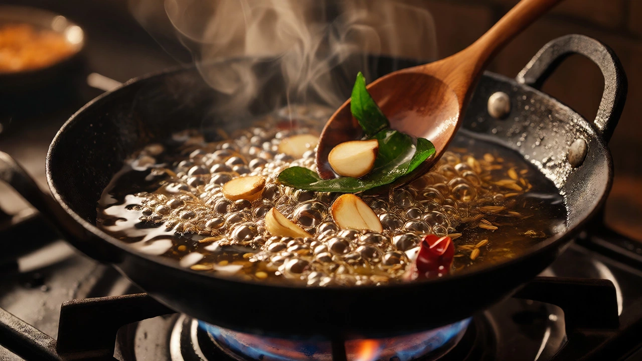 Spices blooming in hot oil during the tadka tempering process