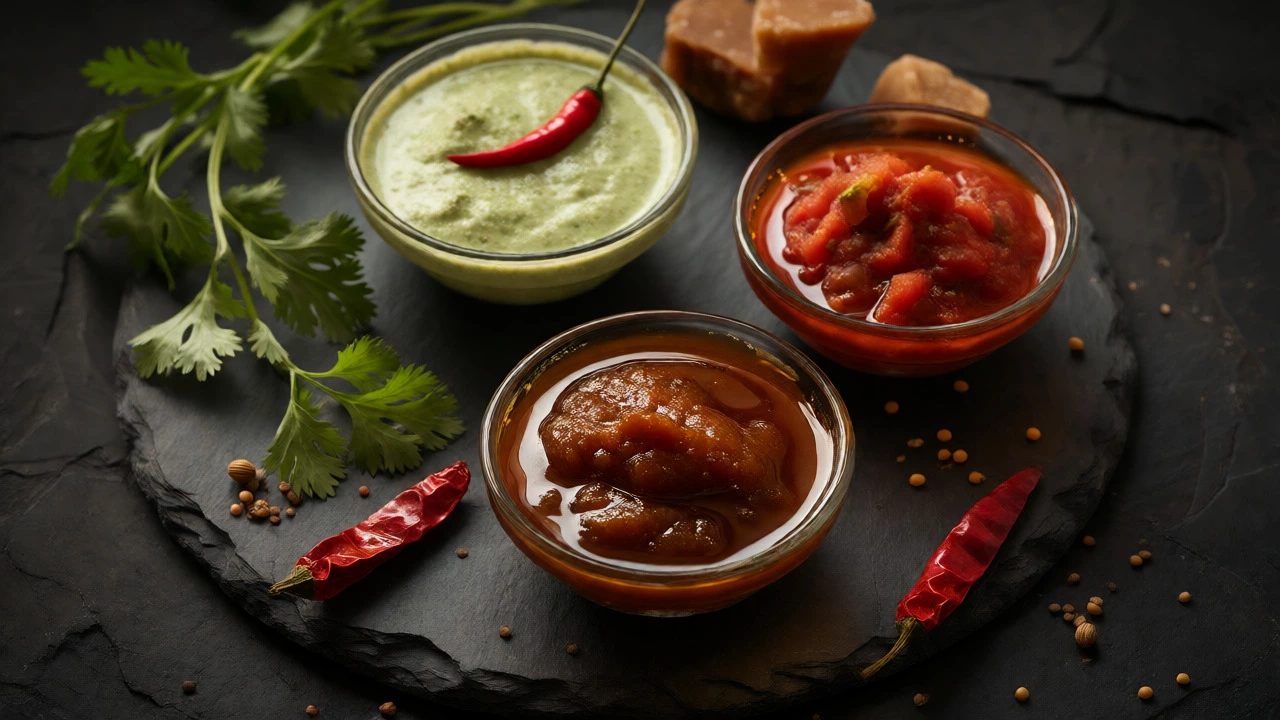 Three bowls of coconut, tamarind, and tomato chutneys arranged with fresh spices on slate.