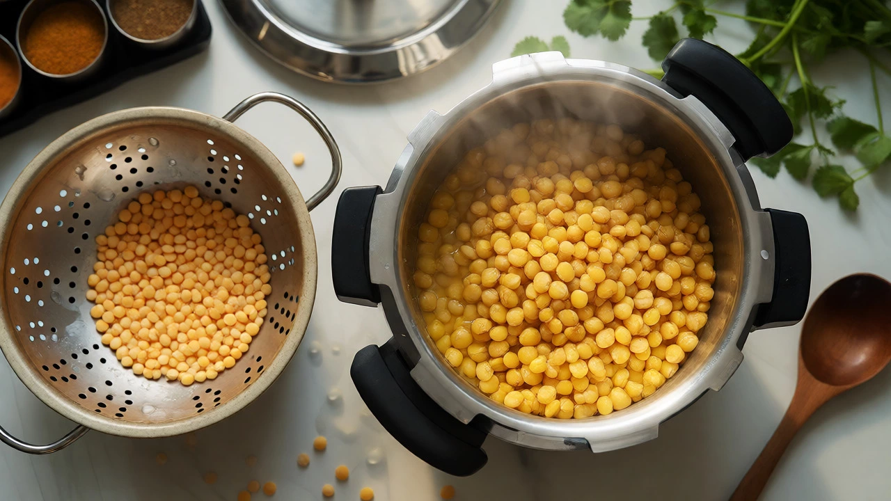 Top-down view of a pressure cooker and soaked chana dal ready for cooking in a kitchen.