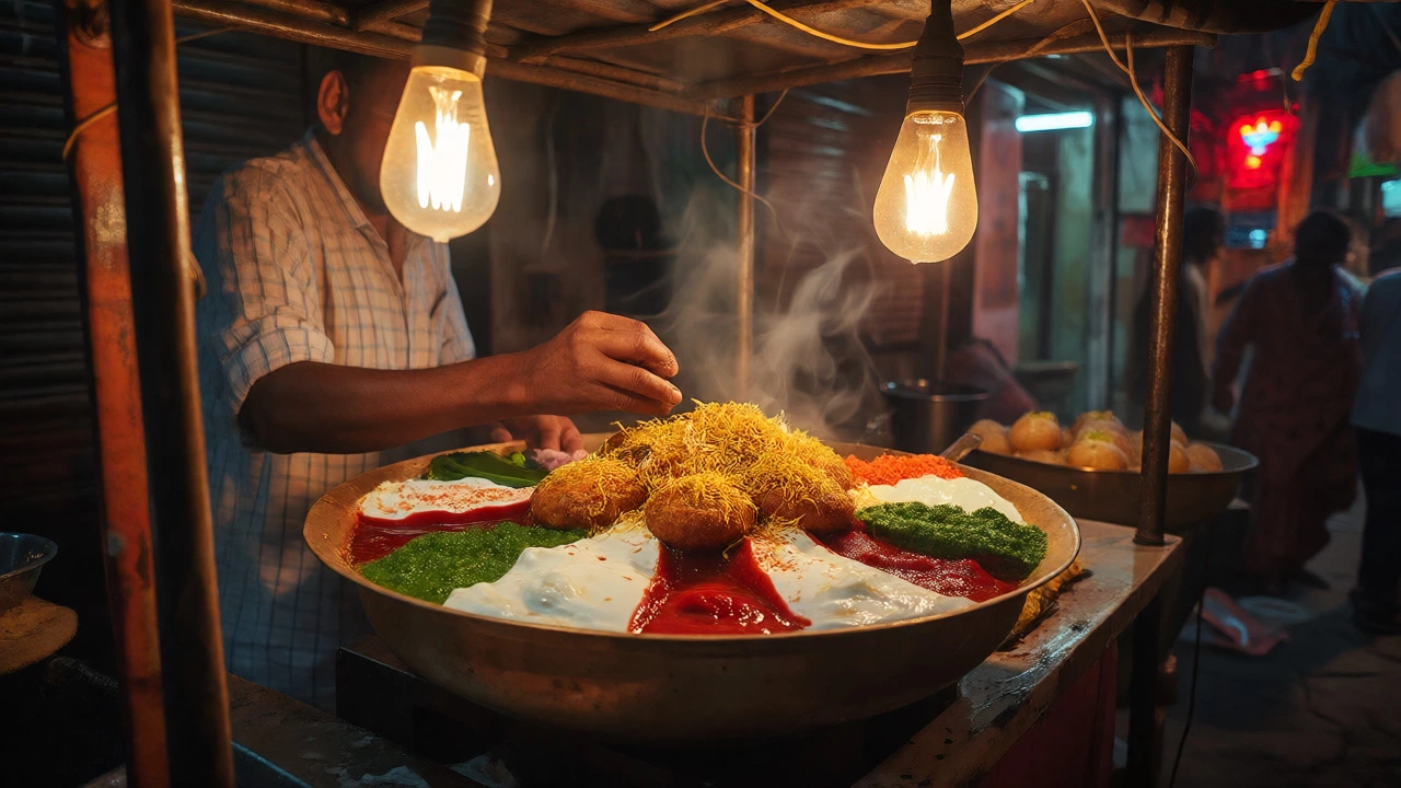 Vendor preparing colorful Chaat at a night market stall